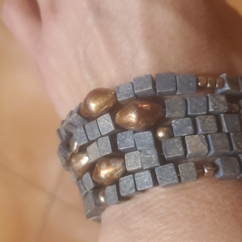 Vintage Wood & Metal Beaded Coil Bracelet